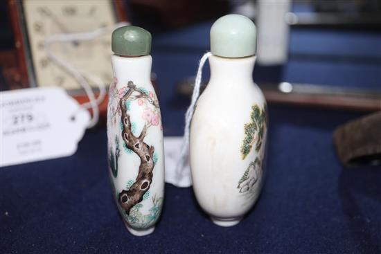 Two Chinese famille rose snuff bottles, 19th century, one with Qianlong mark Tallest 8cm incl. stopper